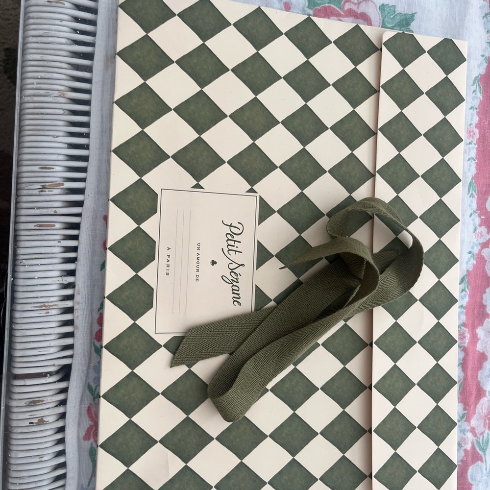New Sezane Green and Cream Checkered portfolio gift bag